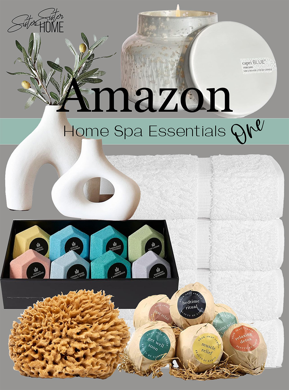 Collage of home spa essentials including fluffy white towels, bath bombs, steam shower cubes, a sea sponge, Capri Blue candle, and modern sculptural vases, arranged in a soothing layout for at-home relaxation.