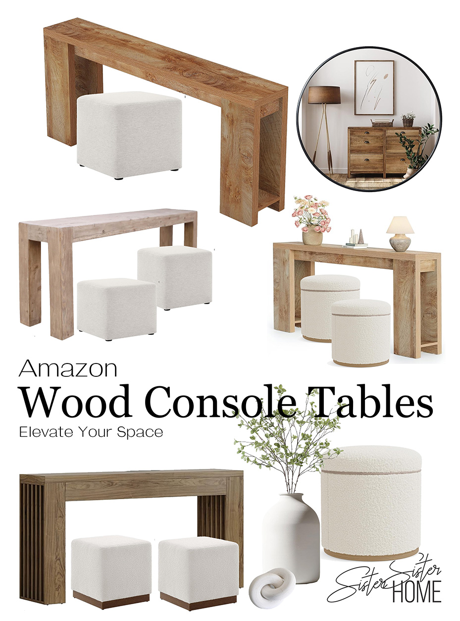 Organic modern living room featuring wood console tables paired with cozy ottomans, elegant decor, and neutral accents to bring warmth, grounding, and style.