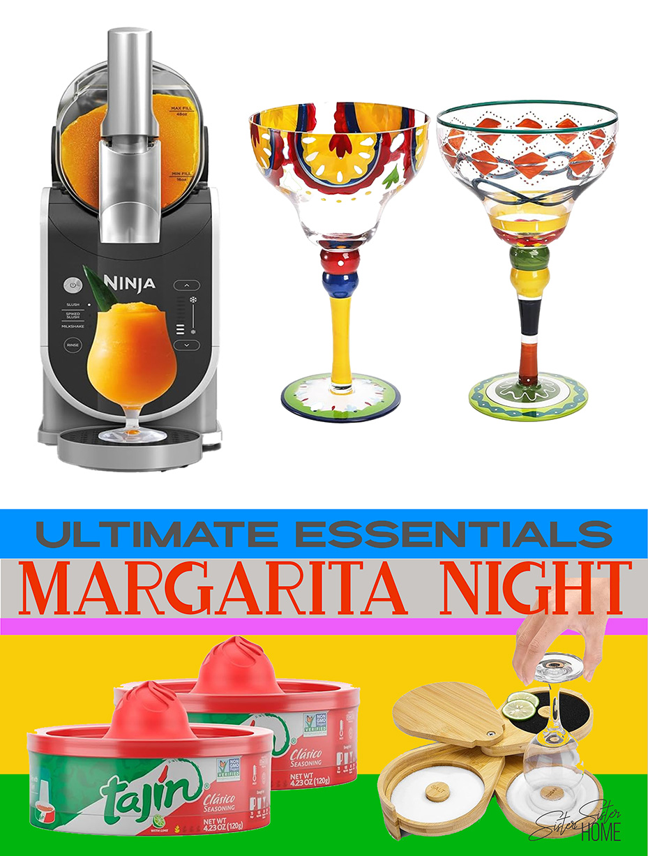 Margarita night essentials featuring a Ninja frozen drink maker, hand-painted margarita glasses, Tajín seasoning, and a bamboo cocktail rimmer. Perfect for home bartenders and cocktail lovers.