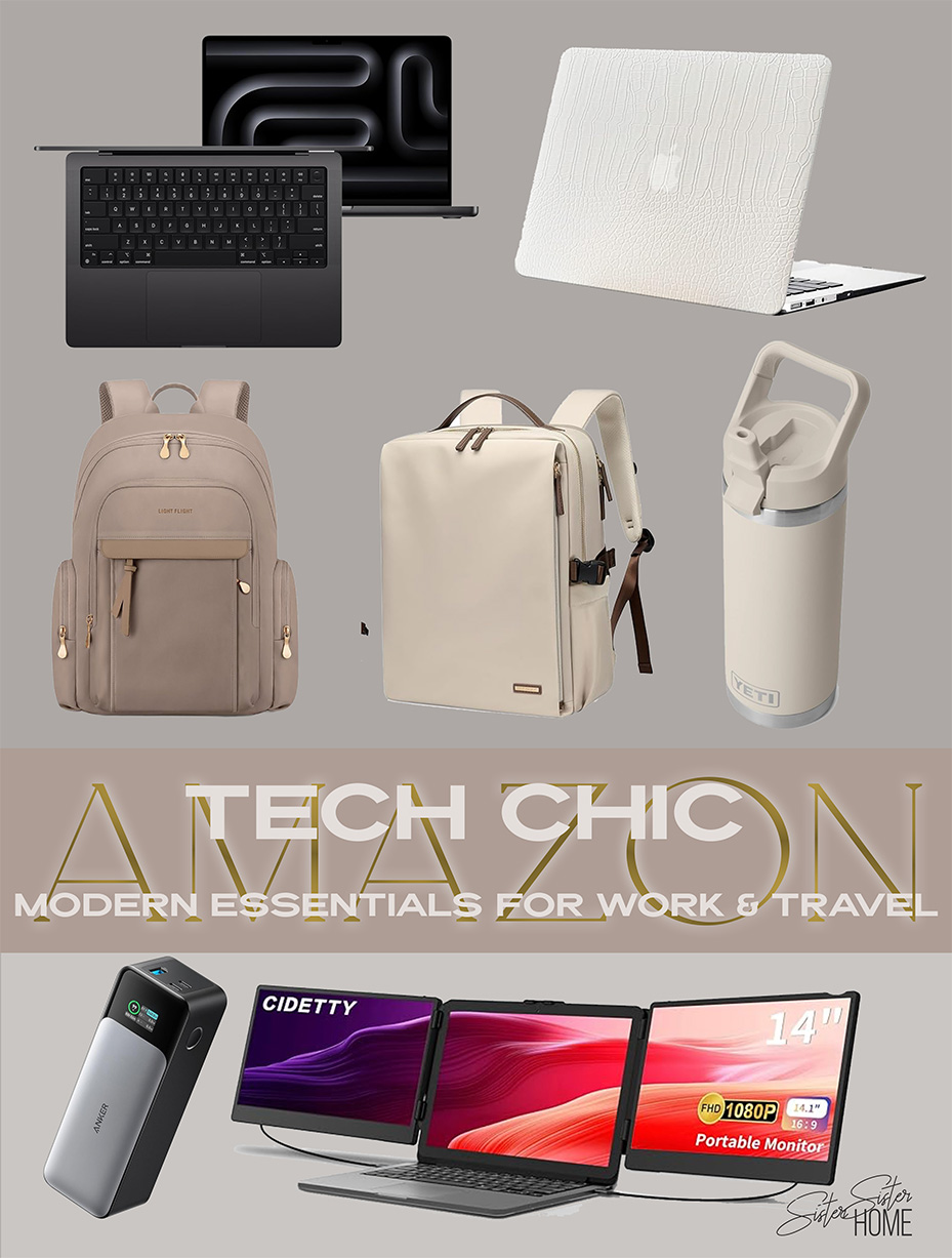 A curated flat lay of modern tech essentials, featuring a MacBook Pro, stylish laptop cases, travel backpacks, a YETI tumbler, a power bank, and a portable dual monitor, all in a neutral, chic color palette.