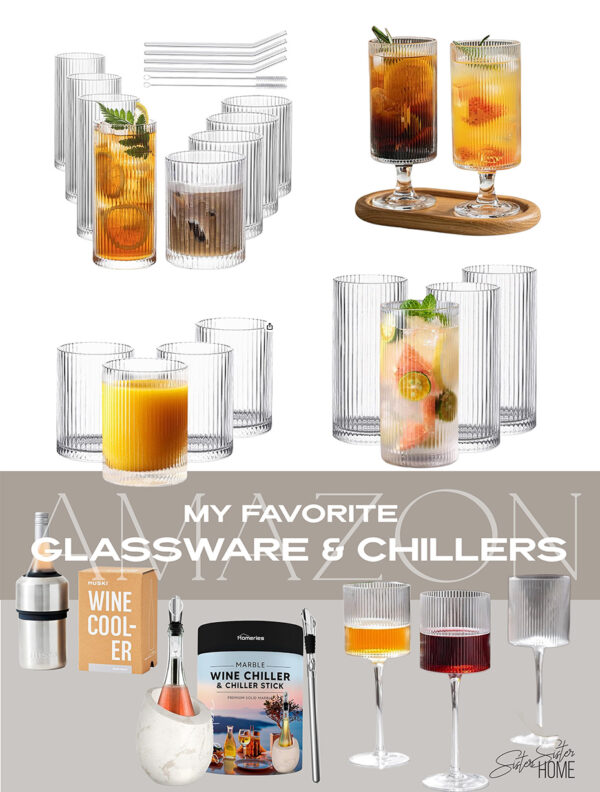 Collage of modern ribbed glassware and wine chillers from Amazon, including tumblers, stemware, glass straws, and iceless wine coolers.