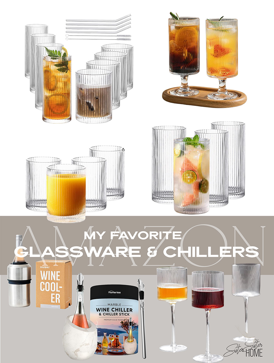 Collage of modern ribbed glassware and wine chillers from Amazon, including tumblers, stemware, glass straws, and iceless wine coolers.