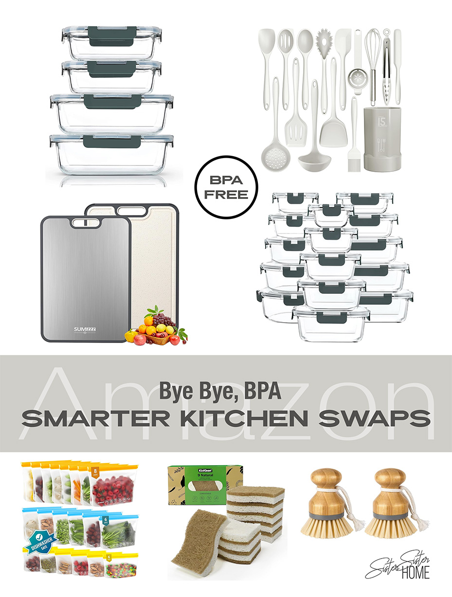 Flat lay of eco-friendly kitchen tools including glass containers, silicone utensils, and reusable storage bags