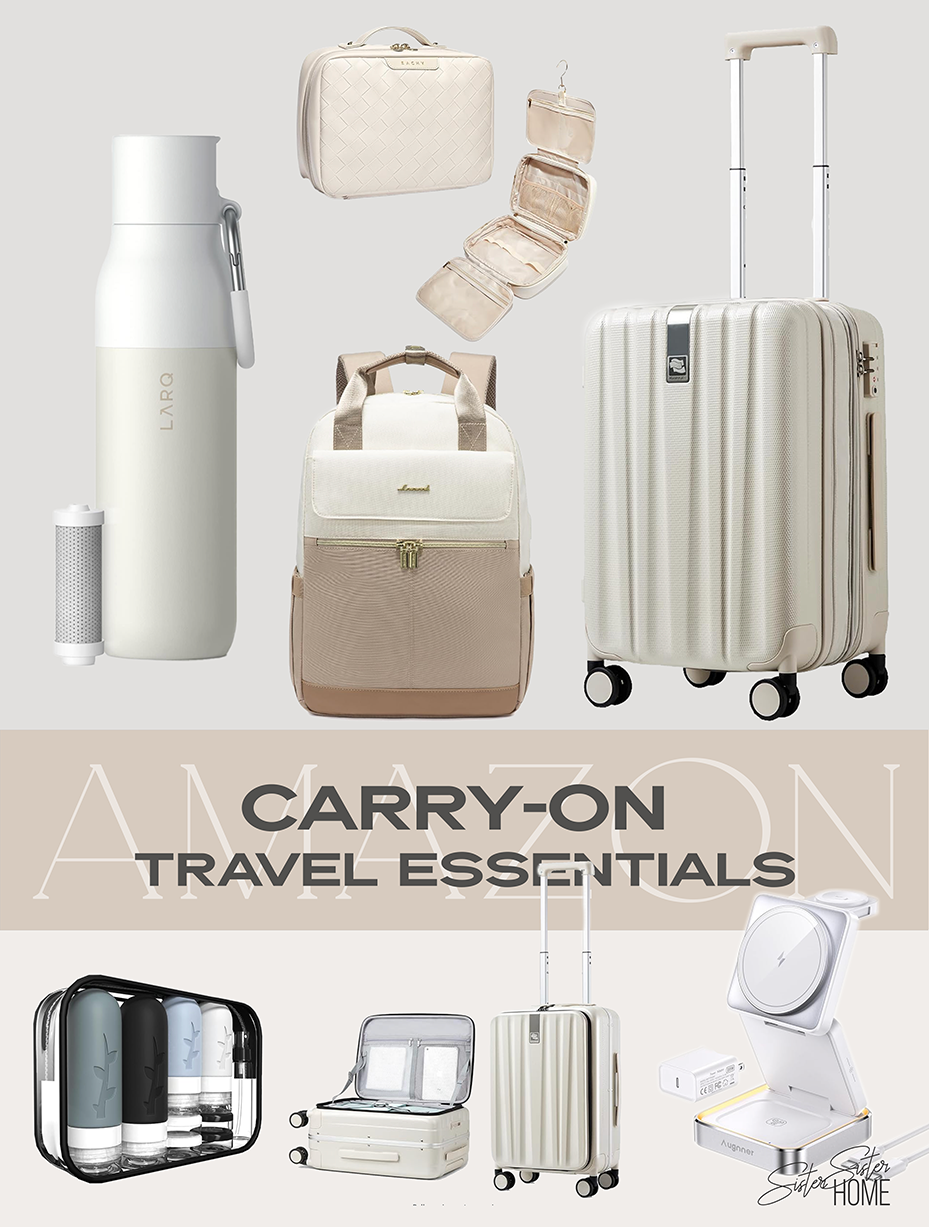 Carry-on travel essentials including a compact suitcase, tech gear, toiletry bottles, and organizer pouches curated for smart, lightweight packing.
