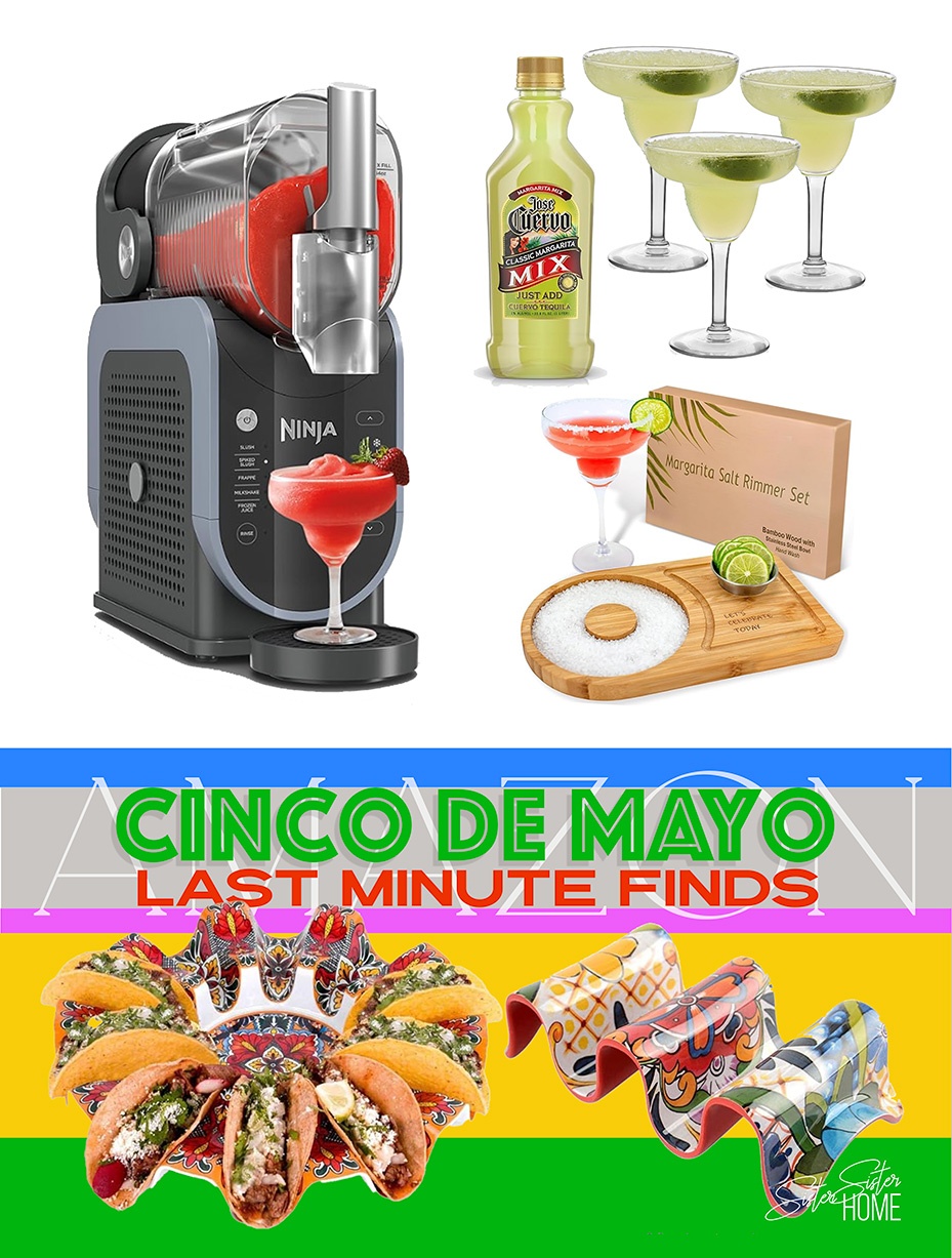 Collage of Cinco de Mayo margarita machine, rimmer set, taco trays, and glasses