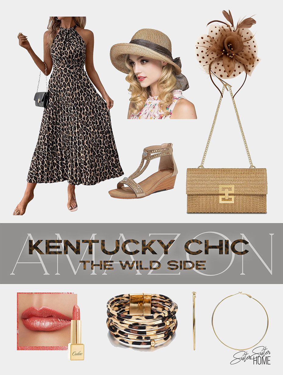 A curated fashion collage featuring a leopard-print halter dress styled with a straw hat, fascinator, neutral accessories, gold jewelry, and coral lipstick for a Kentucky Derby-inspired look.
