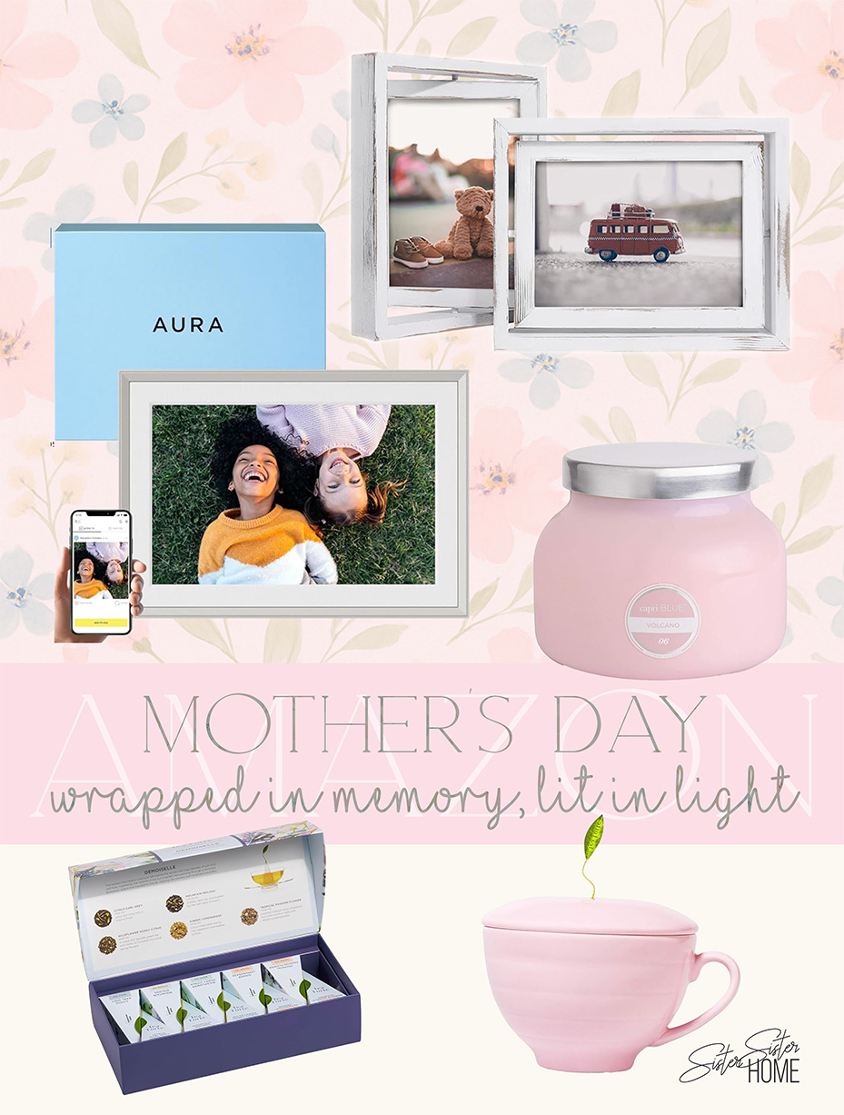 Curated Mother’s Day gift board featuring Aura digital frame, whitewashed photo frames, Volcano candle, Tea Forté tea sampler, and pink porcelain mug — styled on a soft floral background.