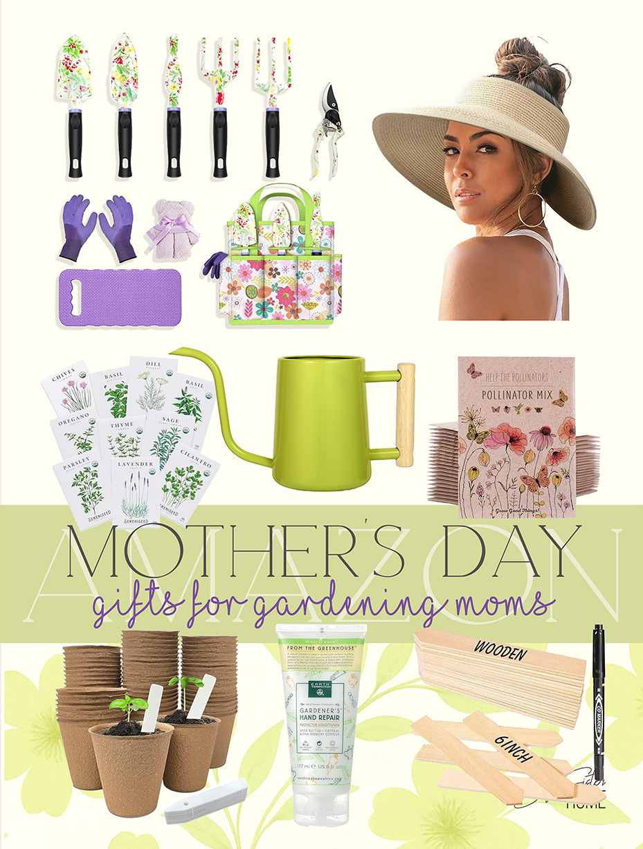 Mother's Day gardening gift ideas collage featuring floral tools, garden seeds, sun hat, watering can, and planter kits.