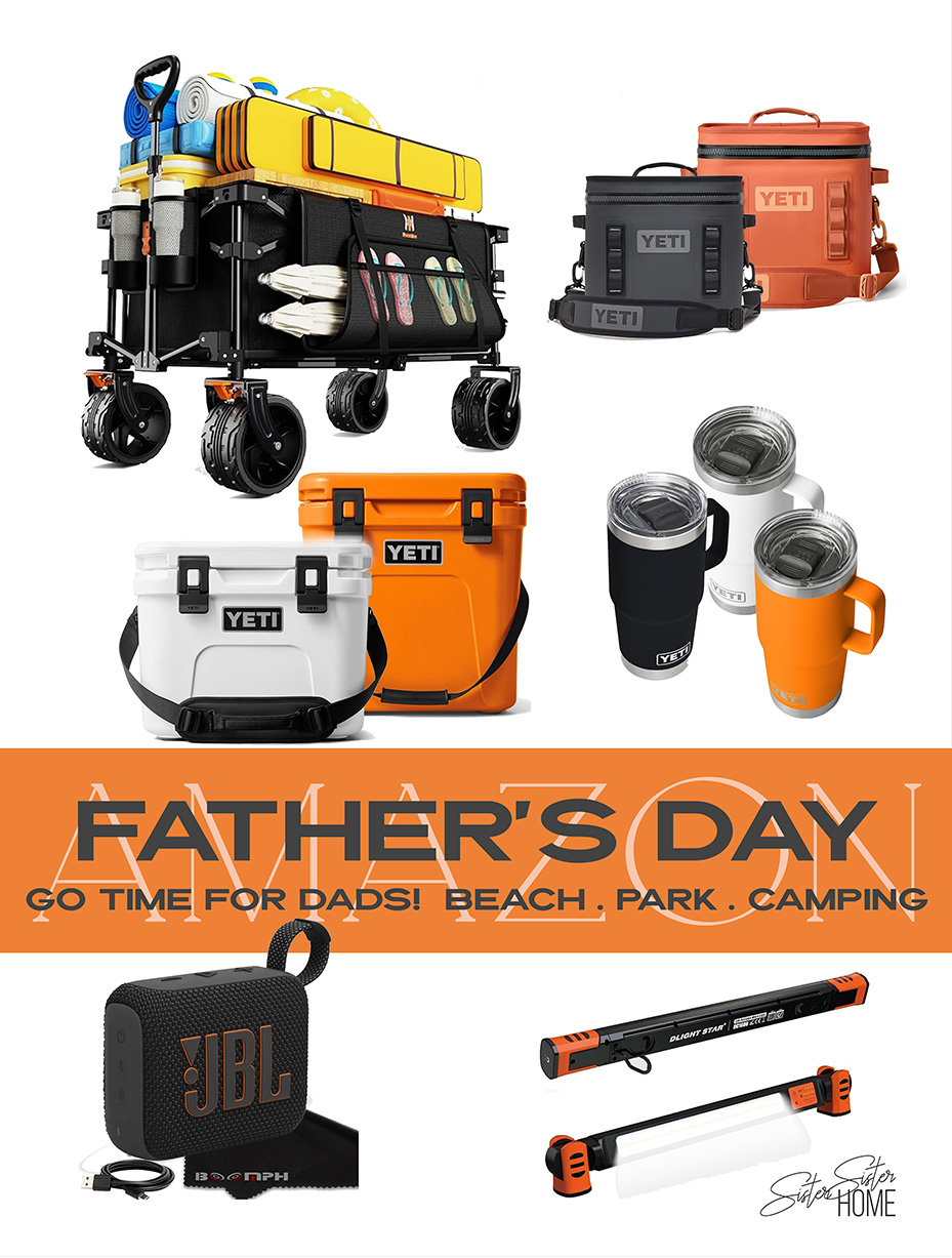 Collage featuring Father’s Day gift ideas including YETI coolers and mugs, a Navatiee wagon, JBL speaker, and rechargeable work light, all on a bold orange and white background.