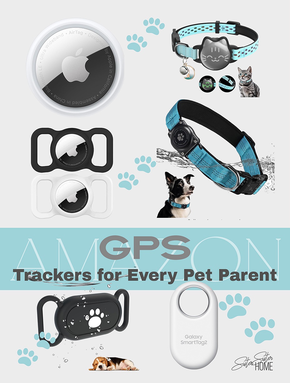 Collage of pet GPS trackers including Apple AirTags, Samsung SmartTag2, waterproof collars, and silicone holders for dogs and cats.