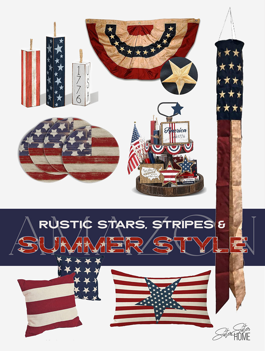 Rustic patriotic summer decor collage featuring vintage-style bunting, pillows, stars-and-stripes tiered tray, coasters, and Americana accessories.