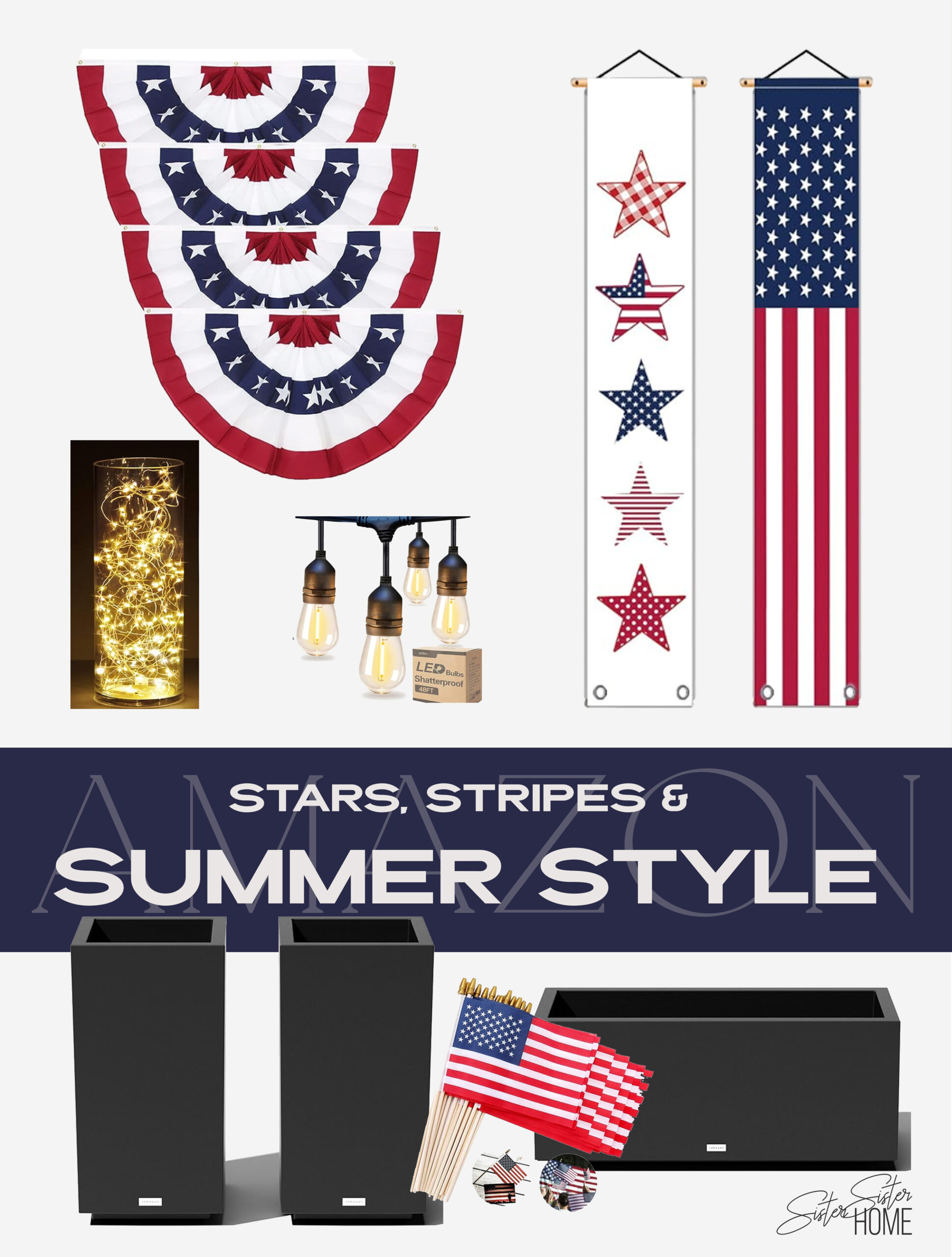 Patriotic home decor board featuring bunting, American flags, vertical banners, string lights, planters, and fairy lights for Memorial Day and summer