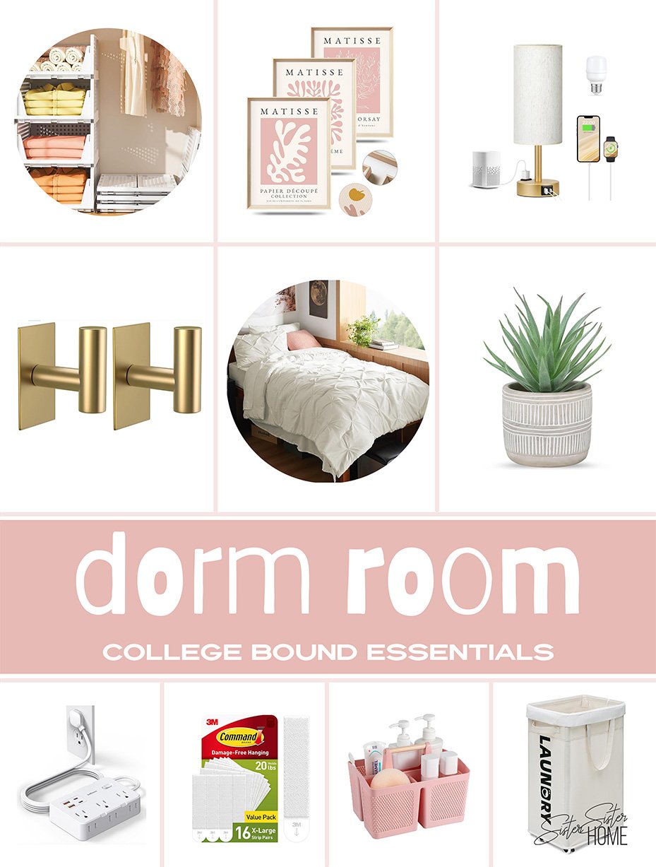 Collage of college dorm room essentials including storage shelves, wall art, bedside lamp with charger, gold towel hooks, bedding, faux succulent plant, power strip, Command strips, shower caddy, and laundry hamper.