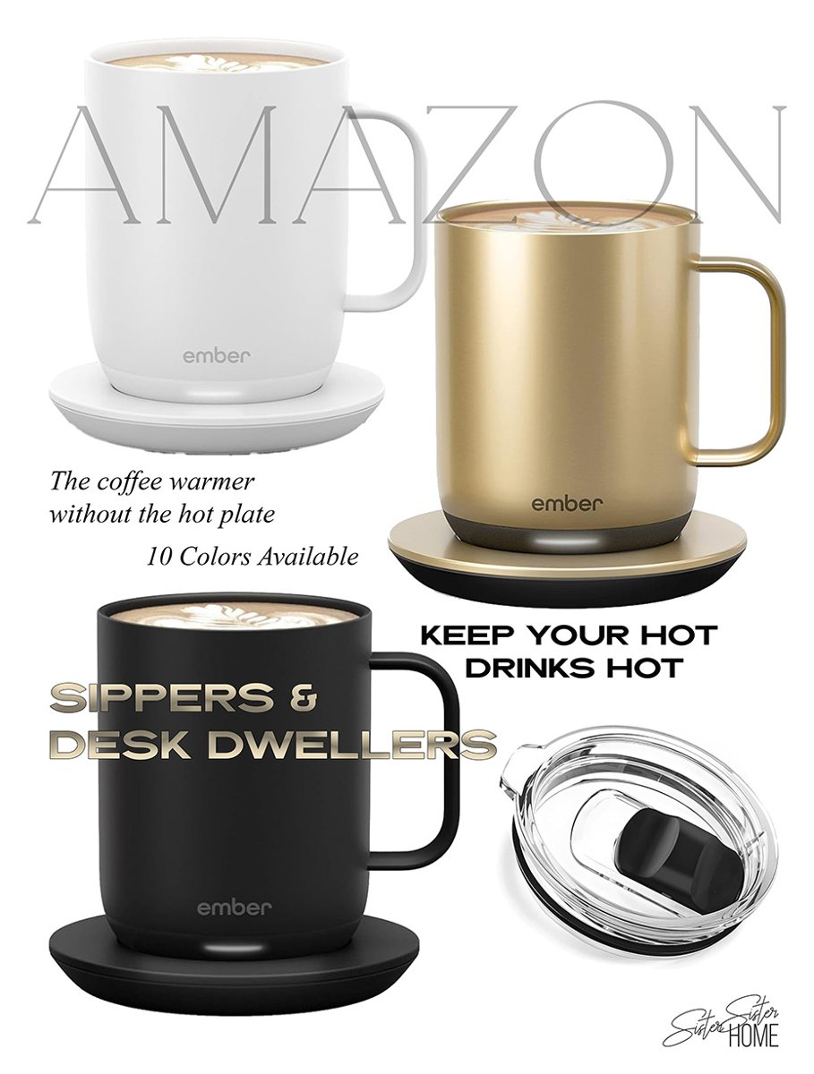 Ember Mug 2 smart mug set featuring white, gold, and black mugs with matching coasters and clear lid accessory. Designed to keep drinks hot without burning hands.