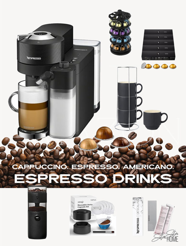 Espresso drink station with Nespresso Vertuo Lattissima, pod carousel, Voltesso capsules, mug set, grinder, reusable pod kit, and descaling solution.