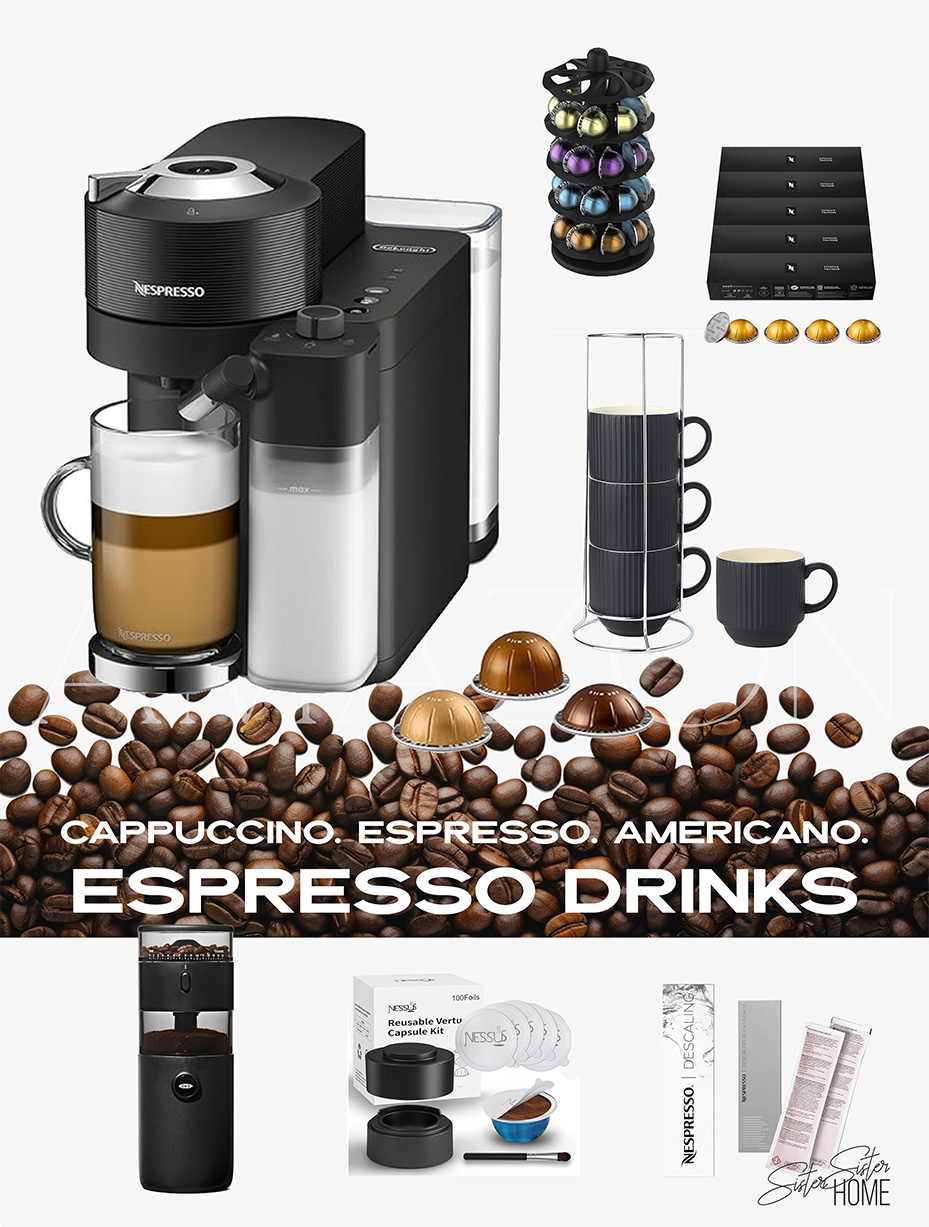 Espresso drink station with Nespresso Vertuo Lattissima, pod carousel, Voltesso capsules, mug set, grinder, reusable pod kit, and descaling solution.