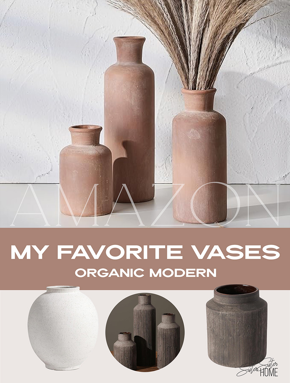 Collage of organic modern vases in earthy tones, including terracotta, dark textured, and speckled white ceramic styles