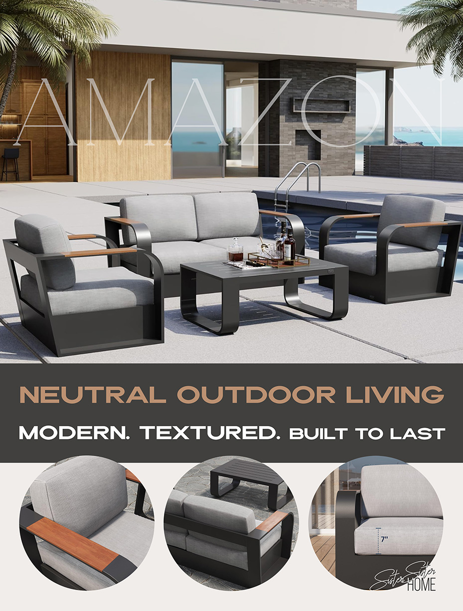 EAST OAK modern outdoor furniture set with two armchairs, a loveseat, and a coffee table, shown in a minimalist poolside setting with coastal views.