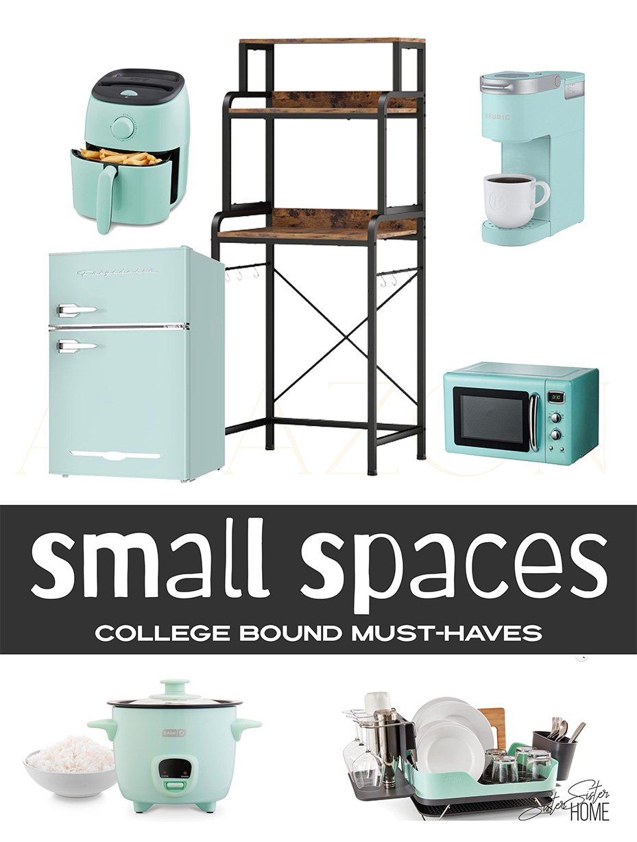 A curated flatlay of college dorm room essentials in matching aqua tones, featuring compact appliances like a mini fridge, air fryer, microwave, rice cooker, Keurig, dish rack, and a 4-tier storage rack labeled “Small Spaces