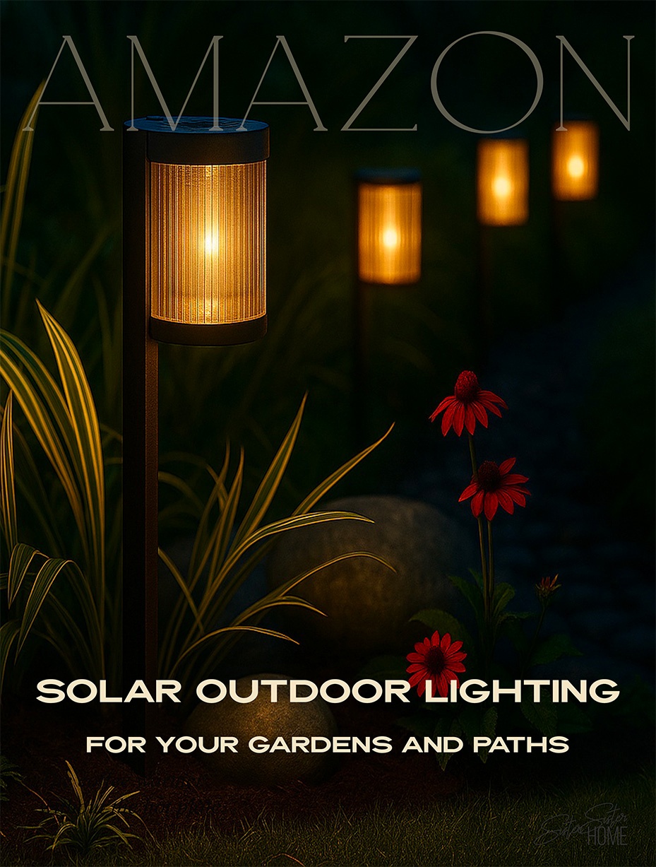 Six solar-powered outdoor path lights illuminating a landscaped garden walkway at dusk with warm ambient glow