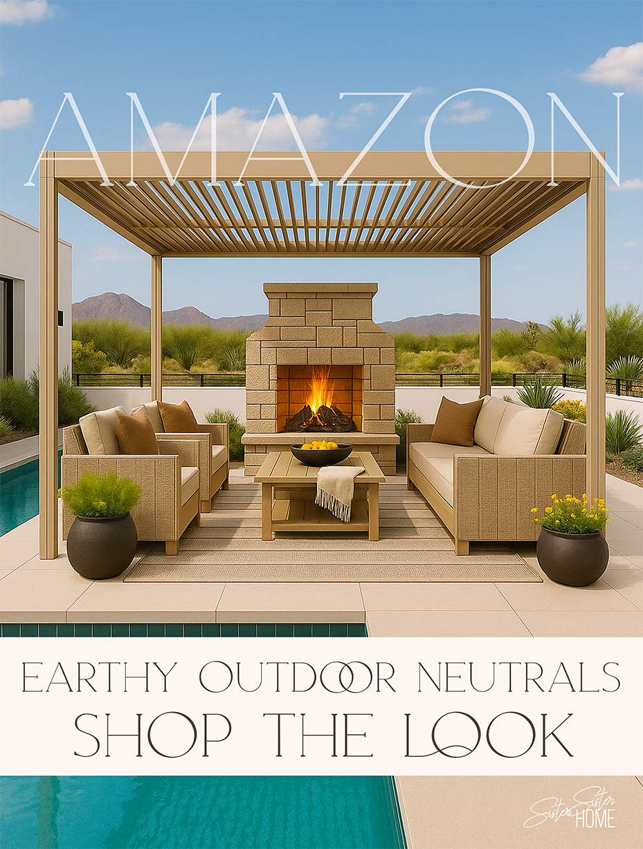 Modern outdoor patio scene featuring a tan pergola, stone fireplace, neutral seating, earthy planters with greenery, and a rug beside a turquoise pool.