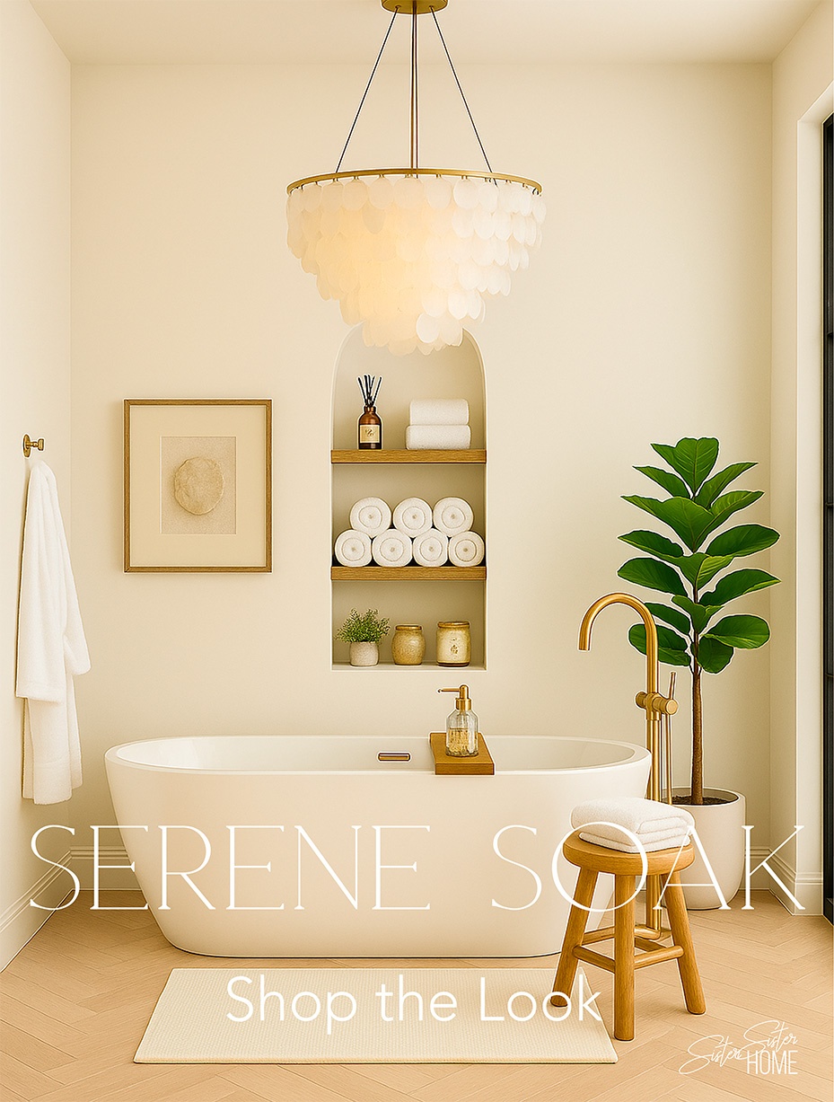 Elegant organic modern bathroom with a white soaking tub, capiz chandelier, warm wood accents, and built-in shelving styled with towels and spa decor.