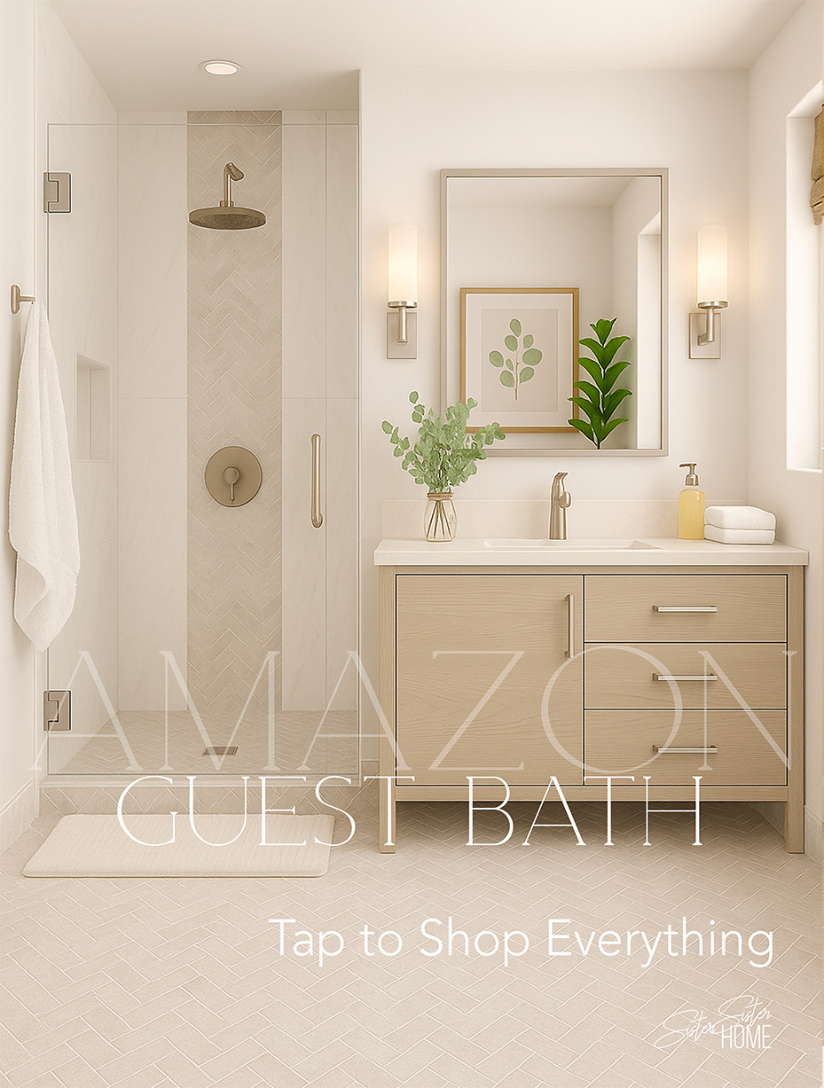 Bright organic modern guest bath with Amazon decor and brushed nickel finishes. Shop the full look for timeless, minimalist style.