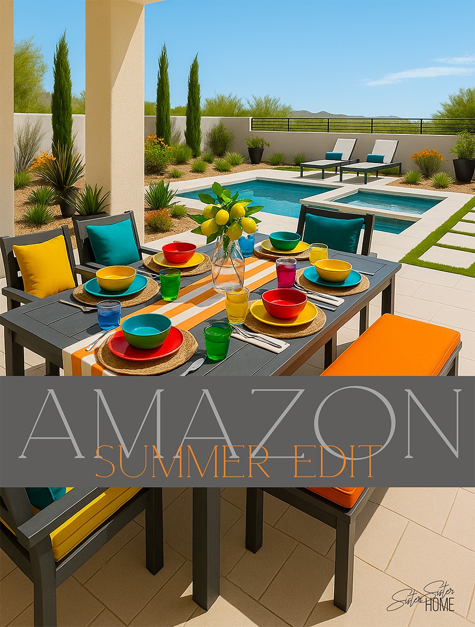 Modern outdoor patio with colorful Amazon tableware, citrus decor, and poolside seating—perfect for vibrant summer entertaining and gatherings.