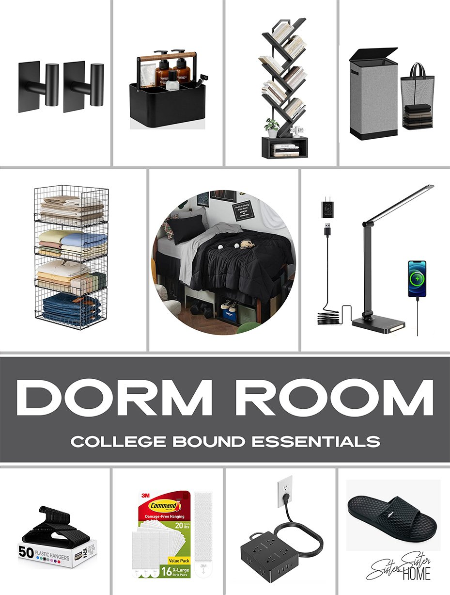 Dorm room essentials collage featuring storage, lighting, hooks, slippers, desk lamp, and bedding—ideal for college-bound students.