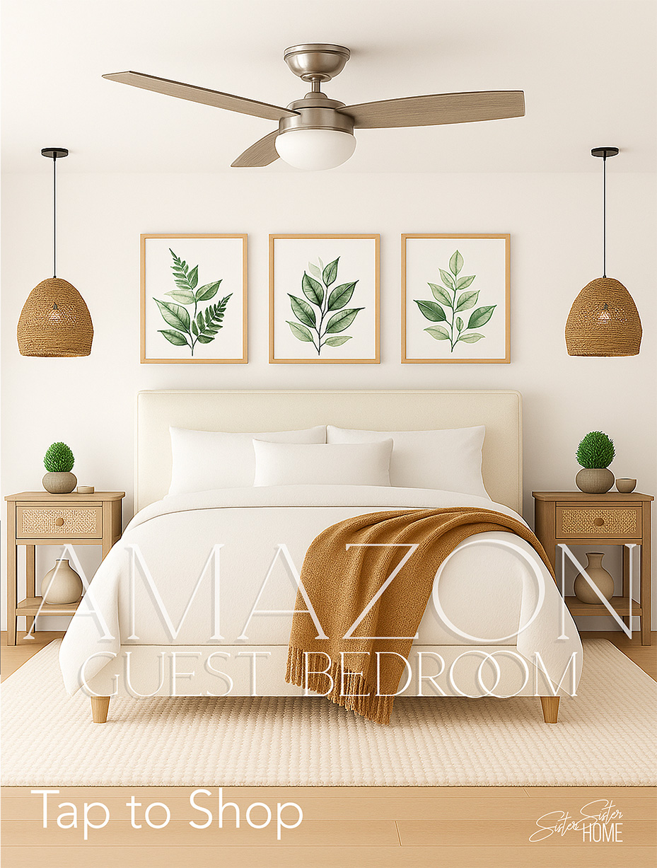 Neutral organic modern guest bedroom featuring Amazon decor including a caramel knit throw, rattan nightstands, greenery art prints, and brushed nickel ceiling fan.