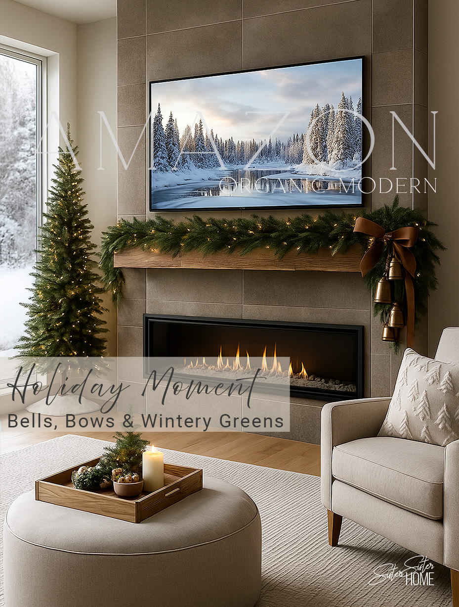 organic-modern-holiday-mantel-bells-bows-winter-greens