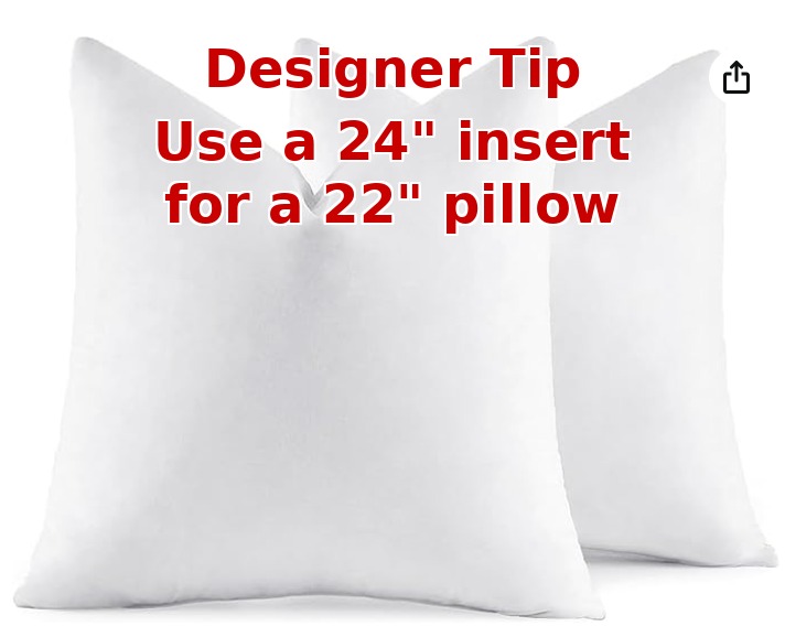 24x24 feather pillow inserts used to overstuff 22 inch decorative pillow covers for a full designer pillow look.