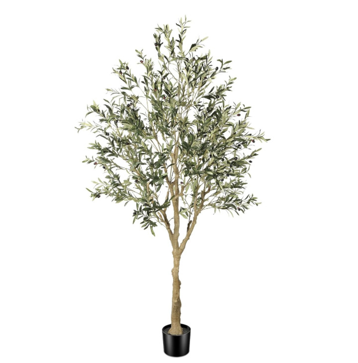 7-foot faux olive tree with natural wood trunk and realistic olive branches used as organic modern indoor décor.
