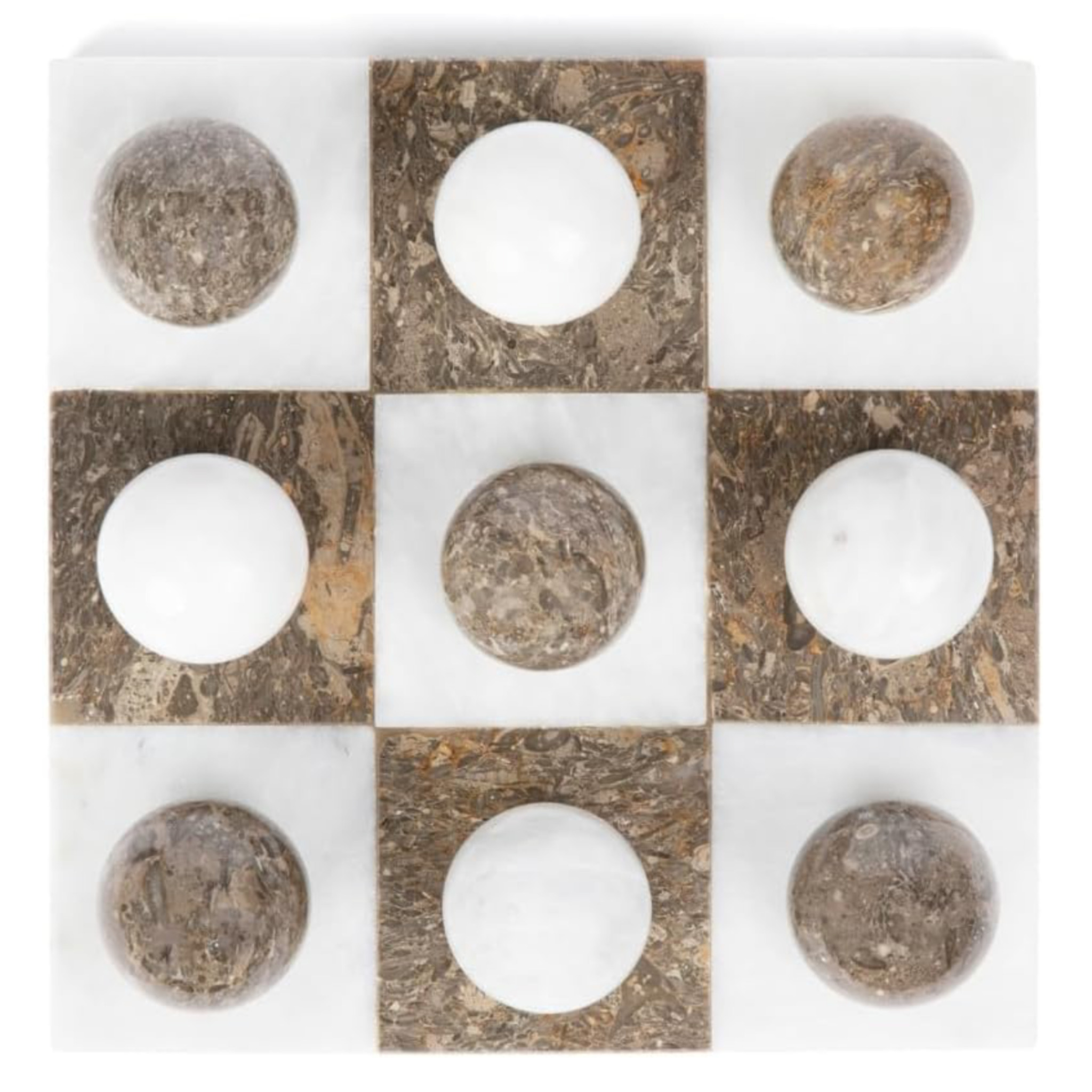 Brown and white marble tic tac toe coffee table game used as decorative coffee table decor in an organic modern living room.