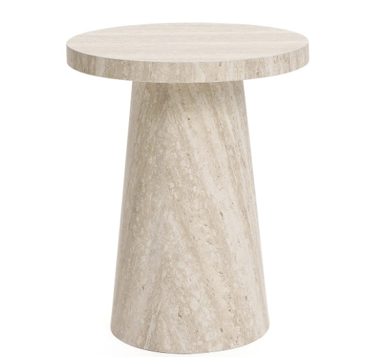 Round travertine pedestal side table with stone pattern finish used as a modern organic accent drink table.