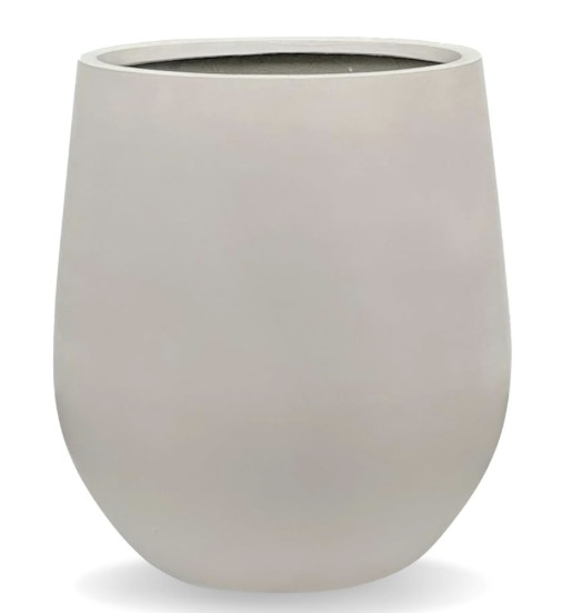 Taupe fiberstone round tapered planter used for indoor faux olive tree styling in an organic modern living room.