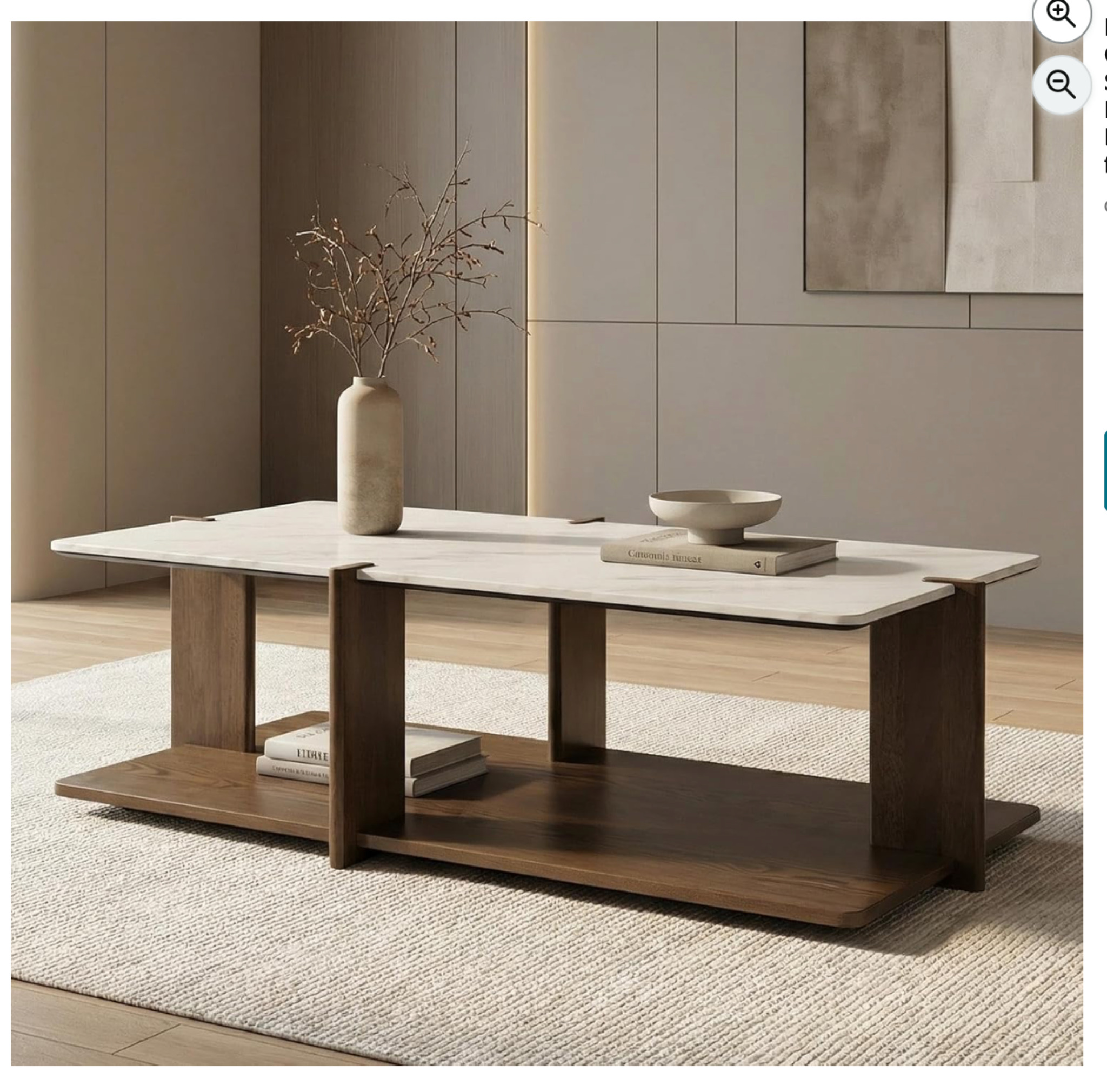 Walnut open frame coffee table with matte marble top and lower storage shelf in an organic modern living room.