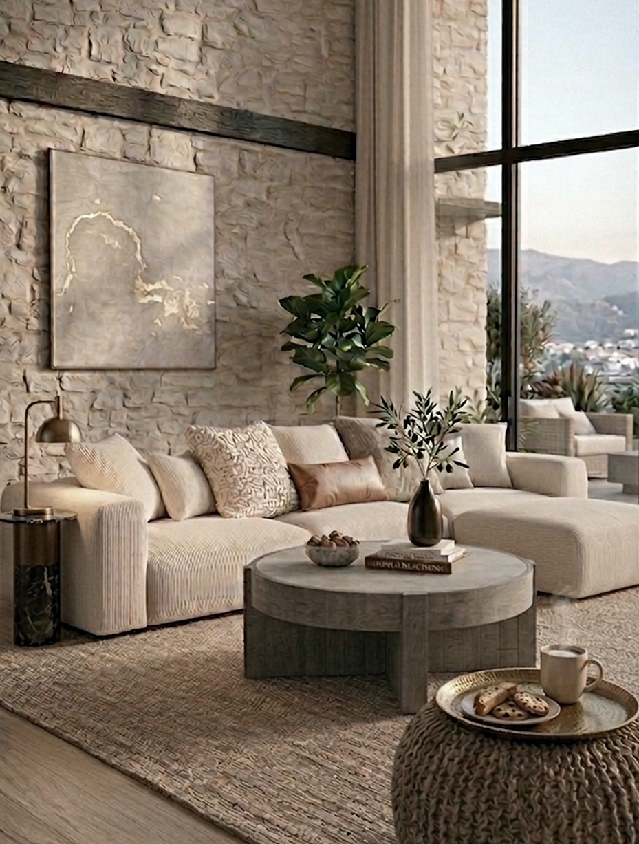 Organic modern living room with neutral tones, textured stone wall, sectional sofa, round coffee table, and layered decor creating an elevated neutral design.