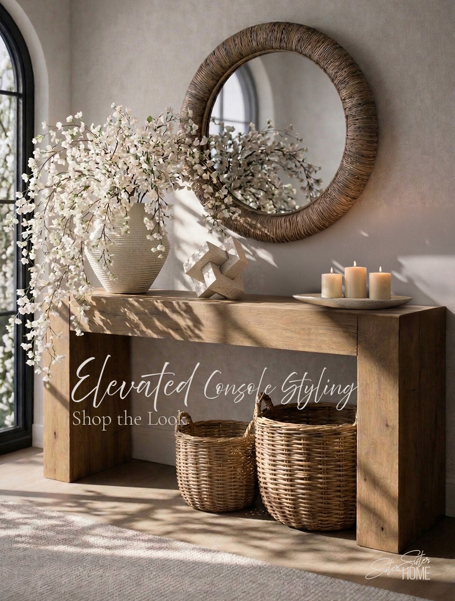 Organic modern console table styling with reclaimed wood, rattan baskets, ceramic vase, cherry blossoms, and neutral décor