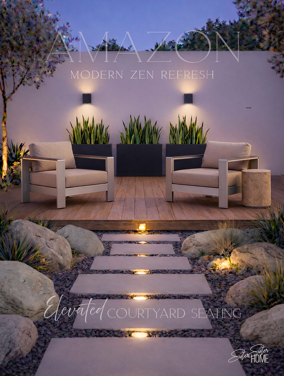 Organic modern courtyard seating with aluminum patio chairs, travertine side table, and modern planters styled in a serene outdoor space