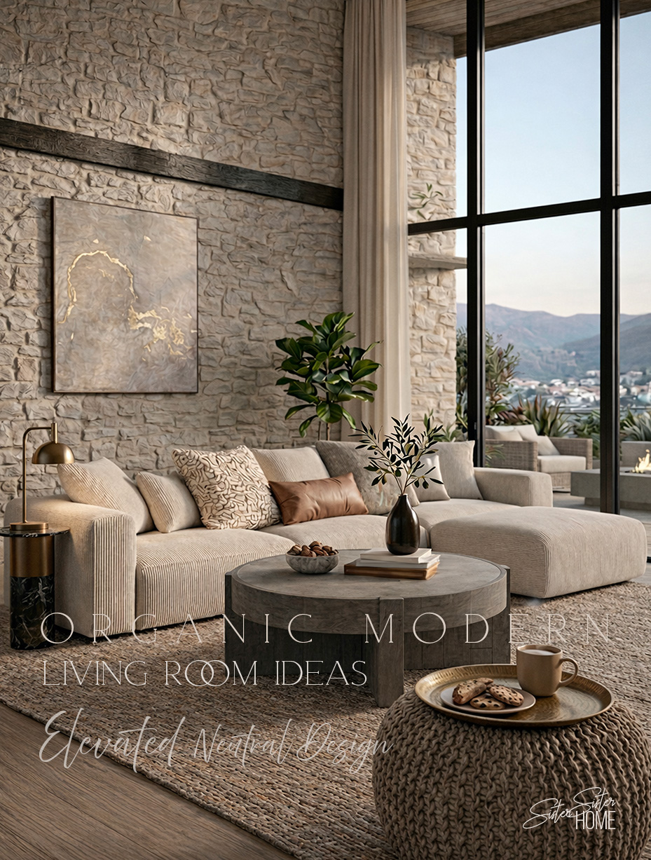 Organic modern living room with neutral tones, textured stone wall, sectional sofa, round coffee table, and layered decor creating an elevated neutral design.