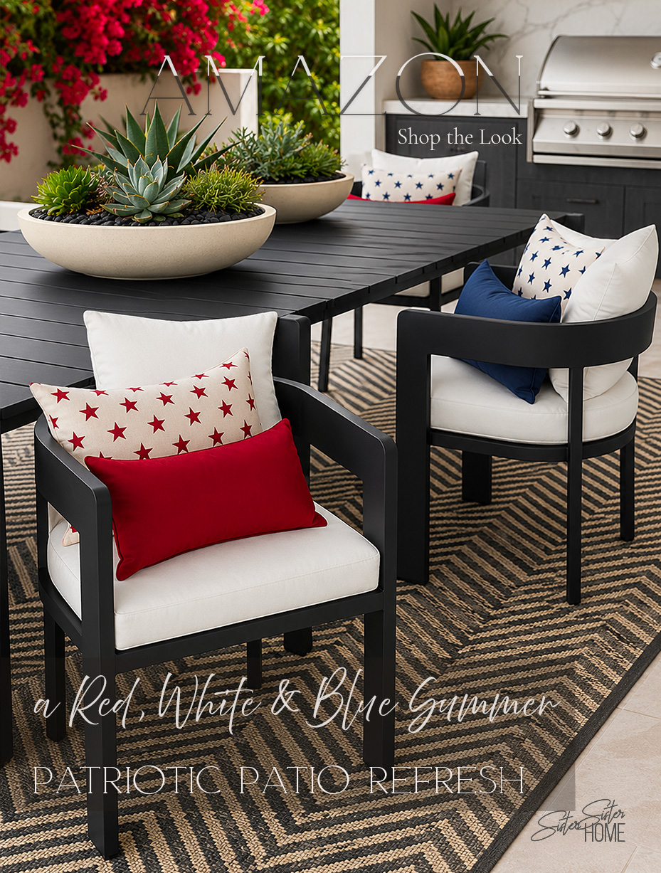 Patriotic patio refresh with red, white, and blue outdoor pillows, modern black dining furniture, bowl planters, succulents, and Amazon summer decor.