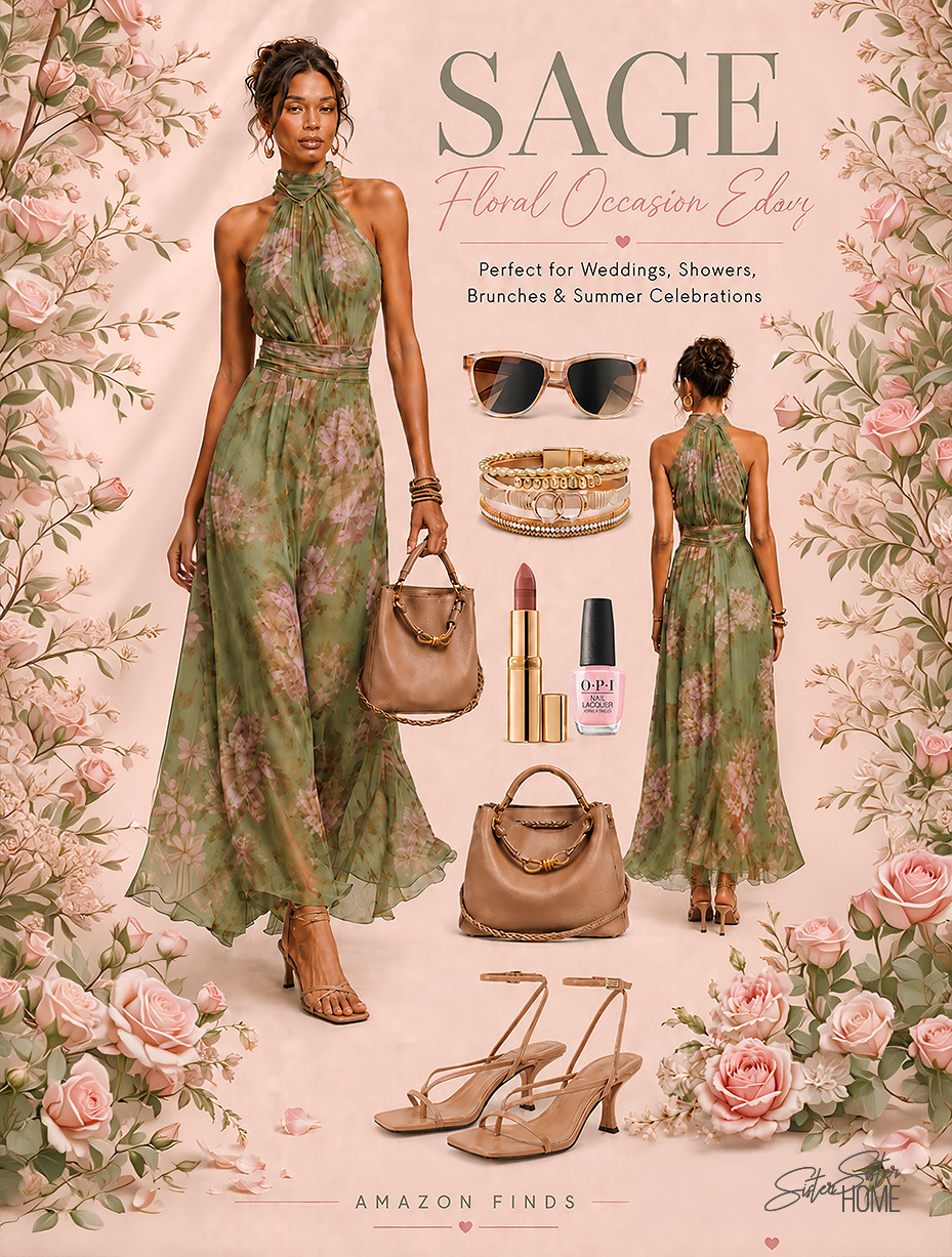 Sage Floral Occasion Edit featuring a floral chiffon maxi dress with a taupe leather tote bag, nude strappy heels, sunglasses, and a layered bracelet for weddings, showers, brunches, and summer celebrations.