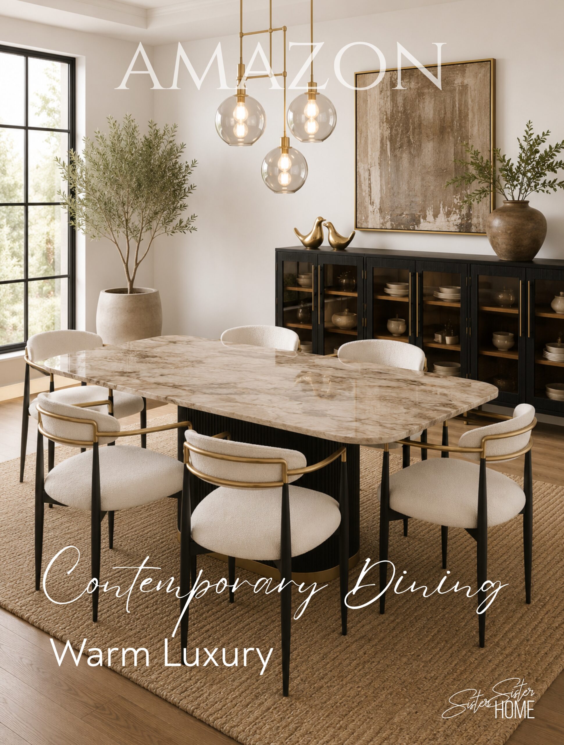 Modern contemporary dining room featuring a marble dining table, cream bouclé chairs, black fluted sideboard and gold accents in a warm luxury interior.