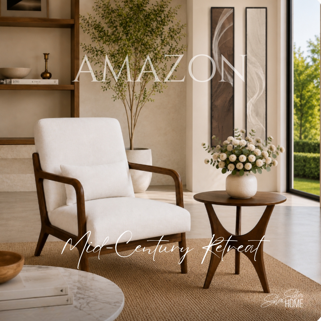 Mid-century modern retreat with a beige accent chair, sculptural wood end table, neutral abstract wall art, botanical arrangement, and warm organic decor in a cozy reading nook.