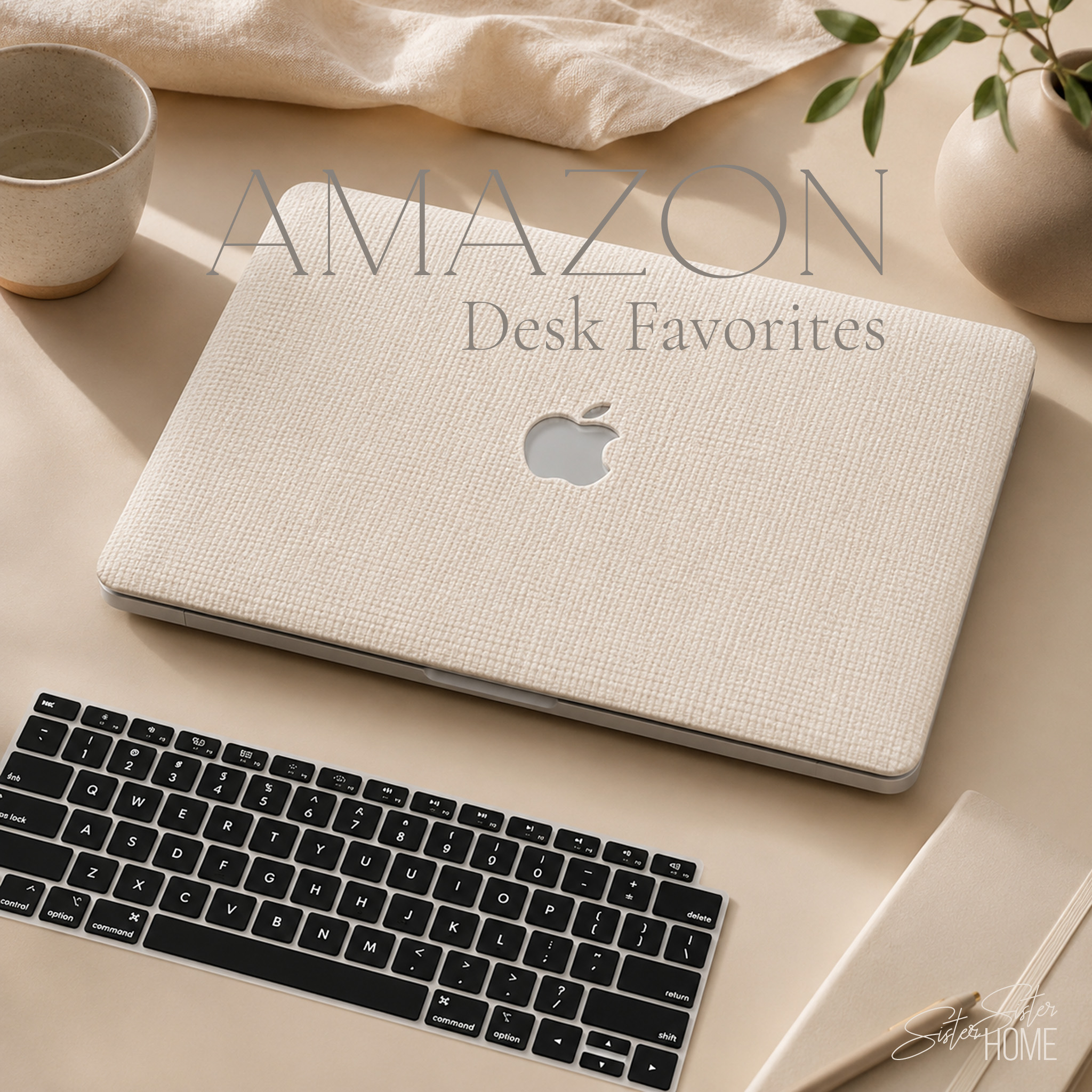 Amazon desk favorites featuring a cream textured MacBook case, keyboard cover, soft apricot journal, and pastel gel pens styled on a neutral workspace.