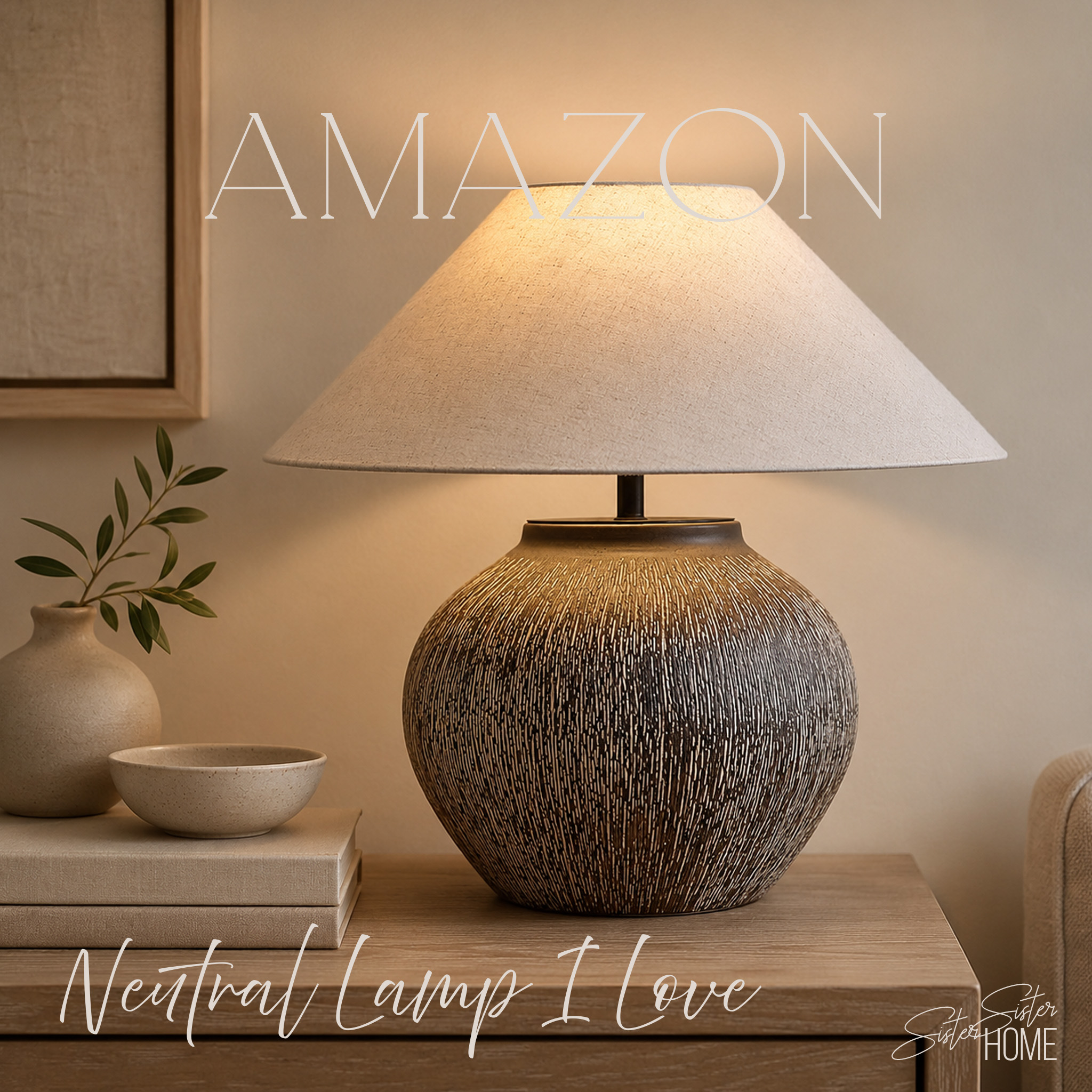 Amazon Neutral Lamp I Love featuring a textured ceramic table lamp styled with neutral decorative books, wood beads, and a travertine dish.