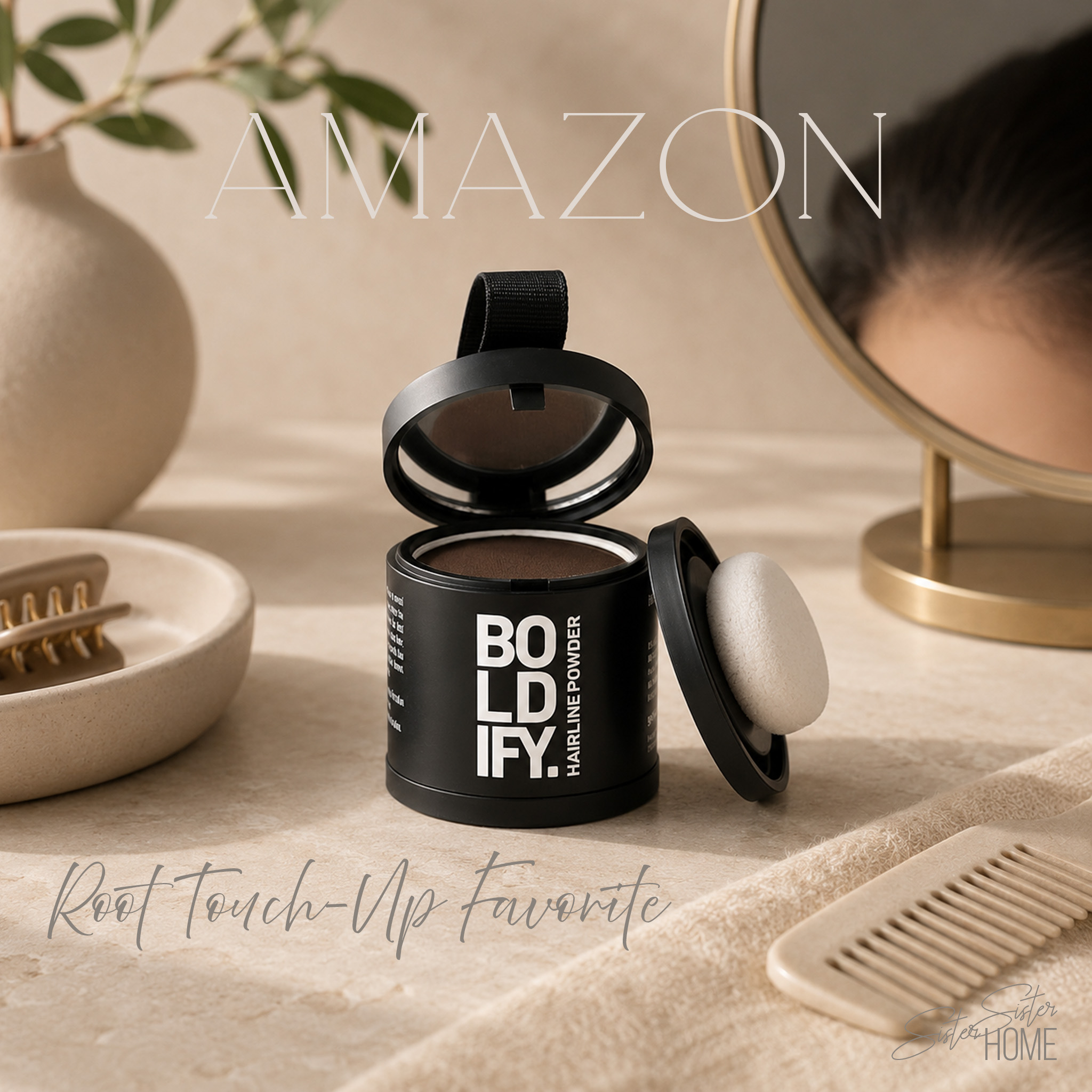 Amazon Root Touch-Up Favorite featuring Boldify hairline powder styled on a neutral vanity with a mirror, tray, comb, and soft organic accents.