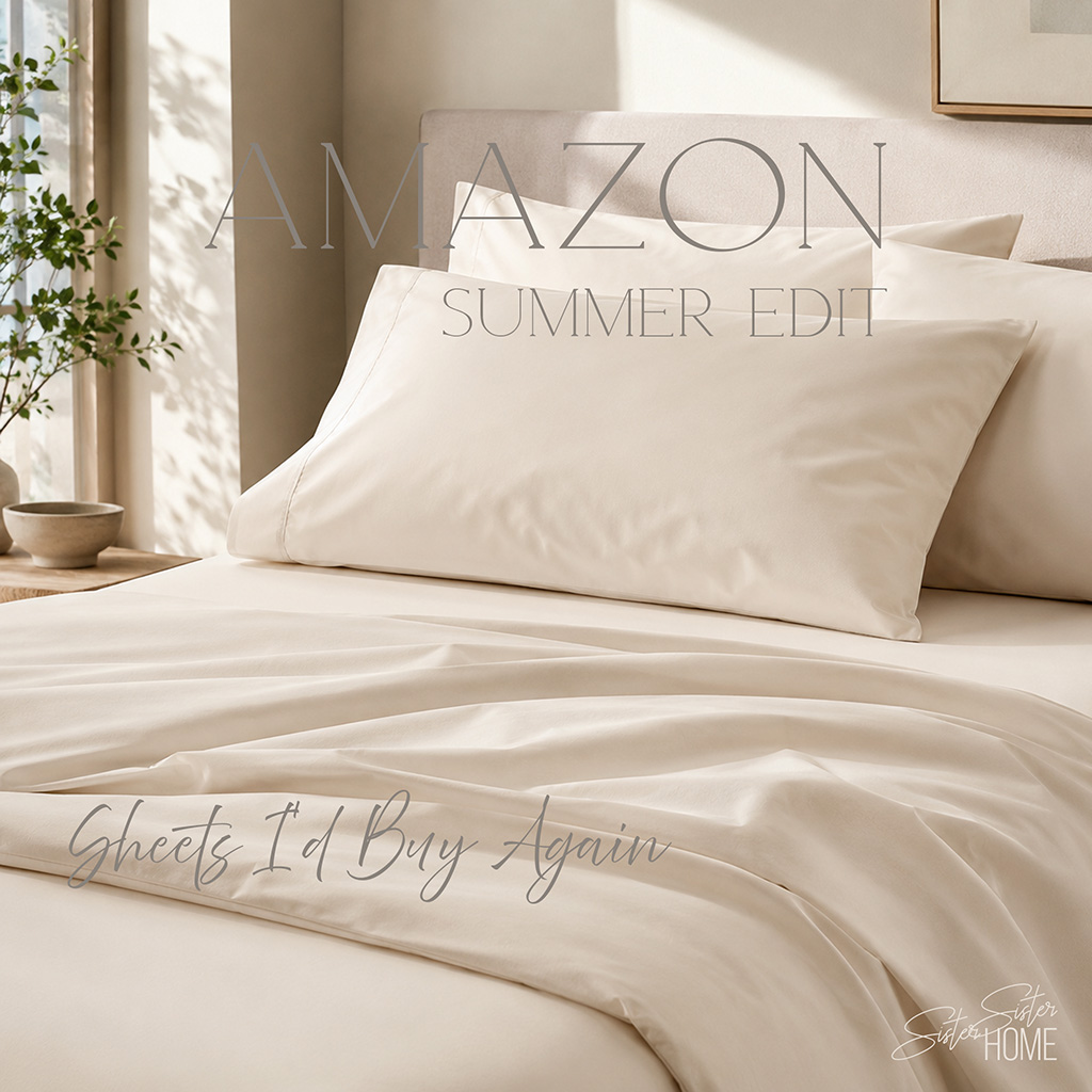 Amazon Summer Edit featuring ivory cooling percale sheets styled on a soft neutral bed with elegant gray overlay text.