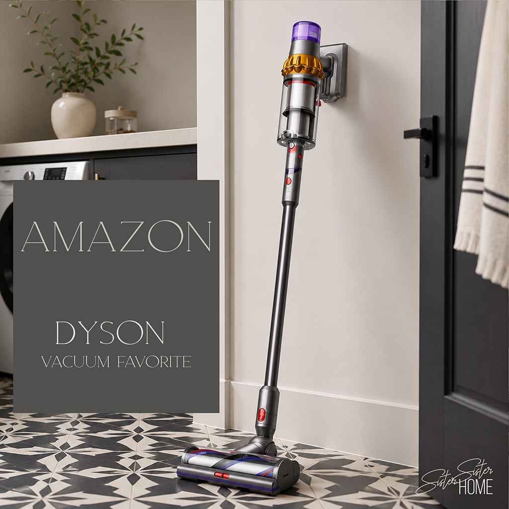 Dyson Gen5detect cordless vacuum styled in a modern laundry room with neutral decor, patterned tile, and Amazon text overlay.